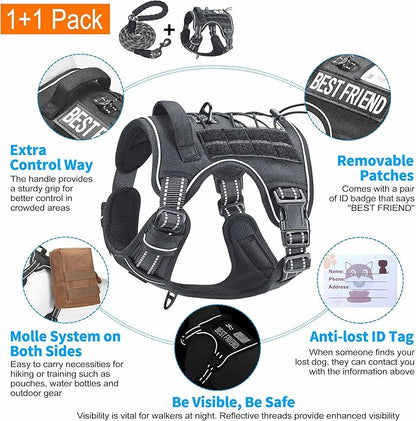 Beebiepet Heavy Duty Tactical Dog Harness for Medium Dogs, No Pull Adjustable Pet Harness Reflective Service Training Easy Control Pet Vest Military K9 Working Dog Harnesses- Medium, Black