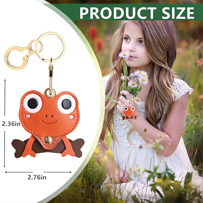Leather Keychain Holder Case Compatible with AirTag,Cute Protective Cover with Keyring,Anti-Scratch Finder GPS Tracker Case for Wallet Keys,bag,pets,Backpack(Frog Orange)