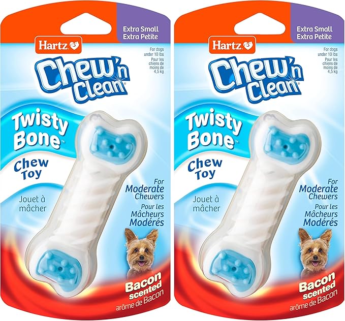 Hartz Chew ‘n Clean Twisty Bone Dog Chew Toy, Bacon Scented for Moderate Chewers, Extra Small (Pack of 2)
