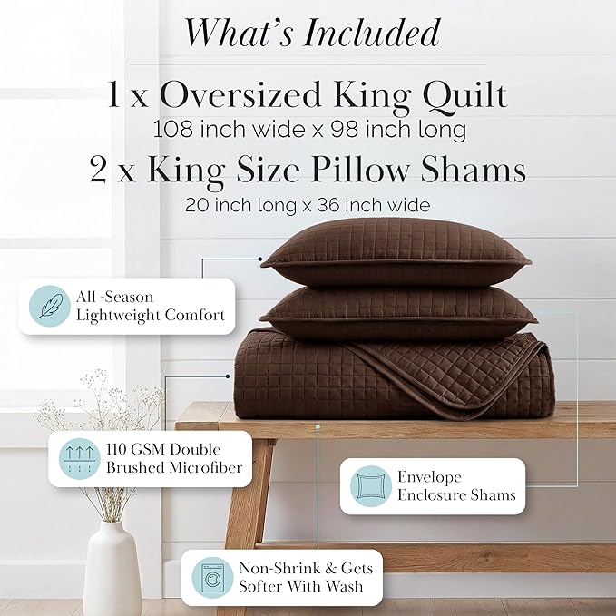 Southshore Fine Living, Inc. Oversized King Quilt Bedding Set, Soft Brushed Microfiber Bedspread, Pet Hair Resistant Bedding, California/King Quilt Coverlet Set with 2 Shams, Chocolate Brown