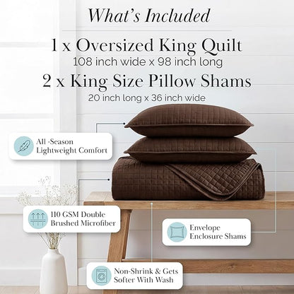 Southshore Fine Living, Inc. Oversized King Quilt Bedding Set, Soft Brushed Microfiber Bedspread, Pet Hair Resistant Bedding, California/King Quilt Coverlet Set with 2 Shams, Chocolate Brown