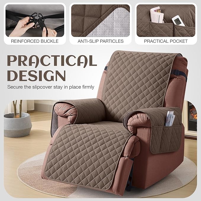KinCam 100% Waterproof Recliner Chair Cover, Reclining Couch Covers for Pets, Dogs, Recliner Couch Slipcover Furniture Protector with Elastic Straps for Kids(23.6", Brown)