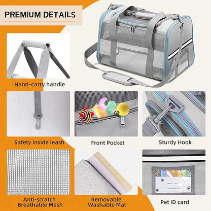 Cat Carrier Dog Carrier TSA Airline Approved for Small Dogs Cats Under 15 lbs, Collapsible Soft Sided Travel Pet Carrier for Puppy Kitten, Light Grey