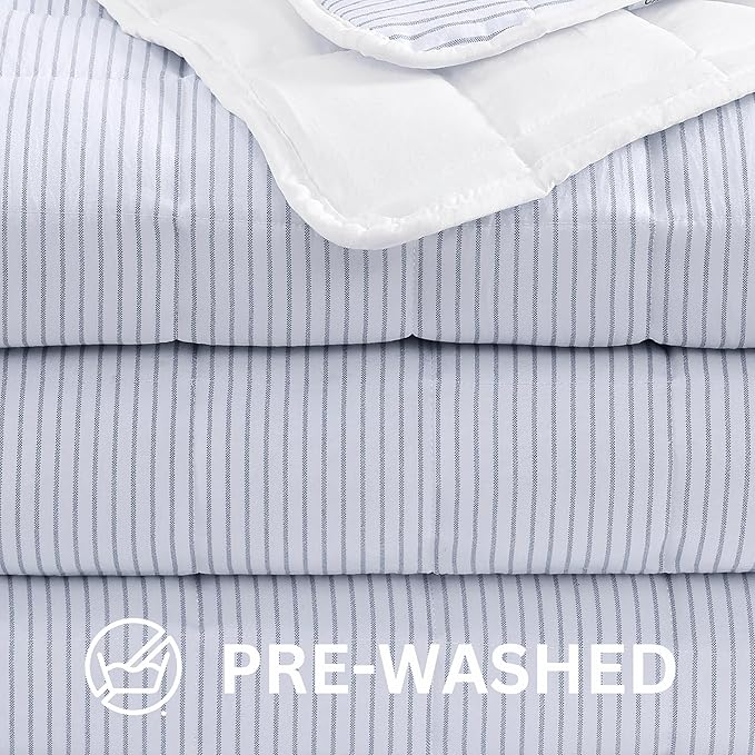 Casa Platino Pre-Washed Twin Size Bed Blanket - Lightweight, All Season, Premium Reversible Down Alternative - Ticking Stripe Blue, White