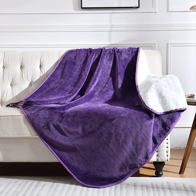 Waterproof Blanket for Bed Couch Sofa, Soft Liquid Pee Proof Pet Blanket for Dog Puppy Cat, Reversible Sherpa Fleece Furniture Protector (Dark Purple, 50x60 inches)