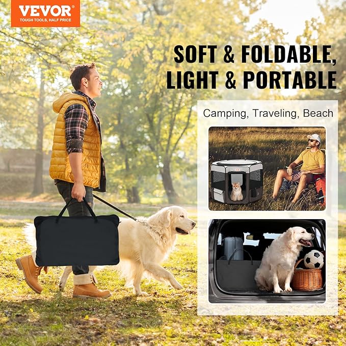 VEVOR Portable Pet Playpen, 36x36x23 in Foldable Dog Cat Pen + Free Carrying Case + Bowl, Indoor/Outdoor Dogs Crates Kennel for Puppies with Premium Waterproof 600D Oxford Cloth, Removable Zipper Top
