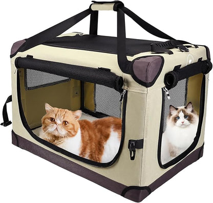 PEGIC Large Cat Carrier for Car Travel, Soft Sided Collapsible Pet Carrier for Outdoor and Indoor Uses, Roomy Extra Large Carrier for 2 Kittens, Large Cat or Puppies up to 50lbs, Brown