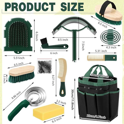 Abbylike 12 Pieces Horse Grooming Kit with Organizer Tote Bag Tack Room Supplies Horse Brush Sets Equine Care Cleaning Kit Shedding Grooming Massaging Tools (Khaki and Green)