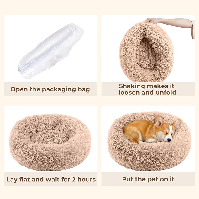 Calming Anti-Anxiety Donuts Dog And Cat Bed, Round Fluffy Soft Washable Small Medium Pet Bed For Puppy & Kitten, Cuddler Warming Comfortable Cushion, Luxury Anti-Slip Waterproof Mute Base 20in (Camel)