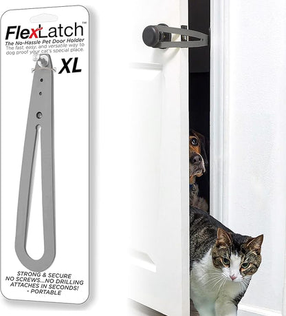 FlexLatch Cat Door Holder Latch - Cat Door Alternative Installs Fast Flex Latch Strap Let's Cats in and Keeps Dogs Out of Litter & Food. Safe Baby Proof One Piece Extra Easy, XL Gray