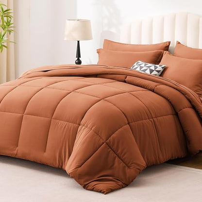 Love's cabin Twin XL Comforter Set Burnt Orange, 5 Pieces Twin XL Bed in a Bag, All Season Bedding Sets with 1 Comforter, 1 Flat Sheet, 1 Fitted Sheet, 1 Pillowcase and 1 Pillow Sham