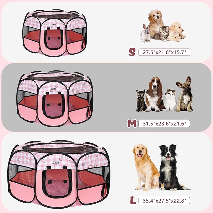Lucky Monet Foldable Dog Playpen Cat Puppy Playpen Indoor Pop Up Pet Animal Playpen Outdoor Kennel Cage Pen Tent for Small Medium Dog Puppy Cat Kitten Rabbit - Medium, Pink