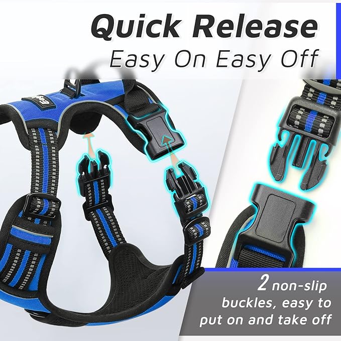 Eagloo Dog Harness Medium Sized Dog, No Pull Service Vest with Reflective Strips and Control Handle, Adjustable and Comfortable for Easy Walking, No Choke Pet Harness with 2 Metal Rings, Blue, M