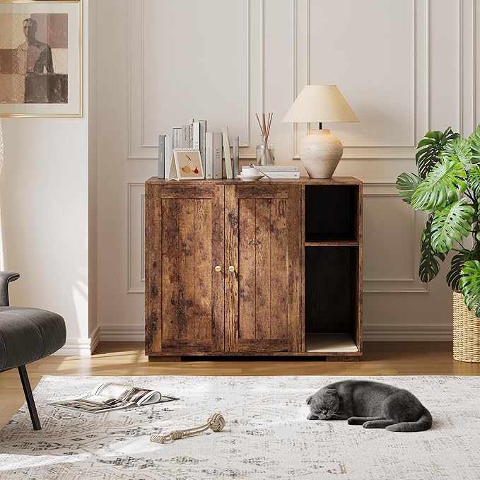 Extra Large Cat Litter Box Enclosure with Scratch Pad, Large Automatic Litter Box Furniture, Dog-Proof Litter Cabinet with Outlet, Space for Cat Stuffs