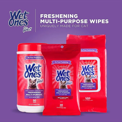 Wet Ones for Pets Freshening Multipurpose Wipes for Cats with Aloe Vera, Fresh Scent - Easy to Use Cat Cleaning Wipes for Pet Grooming in Canister, 50 Count - 3 Pack