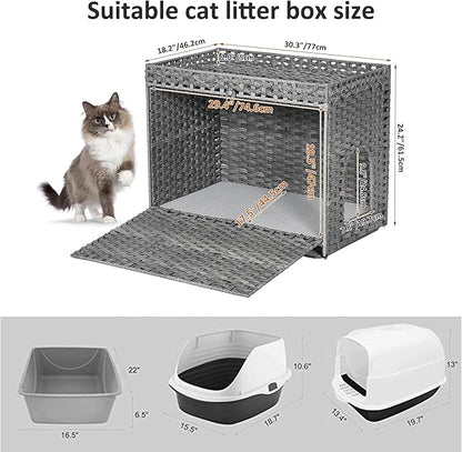 Cat Litter Box Enclosure with Soft Litter Mat; Hidden Kitten Washroom Furniture with Door; Handwoven Rattan Cat House with Large Space; Pet Crate for Living Room, Bedroom, Balcony (Grey)