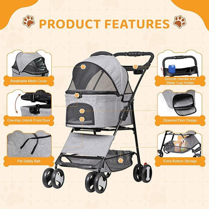 ZENY Pet Stroller, 3 in1 Foldable Dog Cat Jogger Stroller with 4 Wheels, Detachable Basket and Cup Holder, Travel Folding Carrier for Small/Medium Pet (Gray)