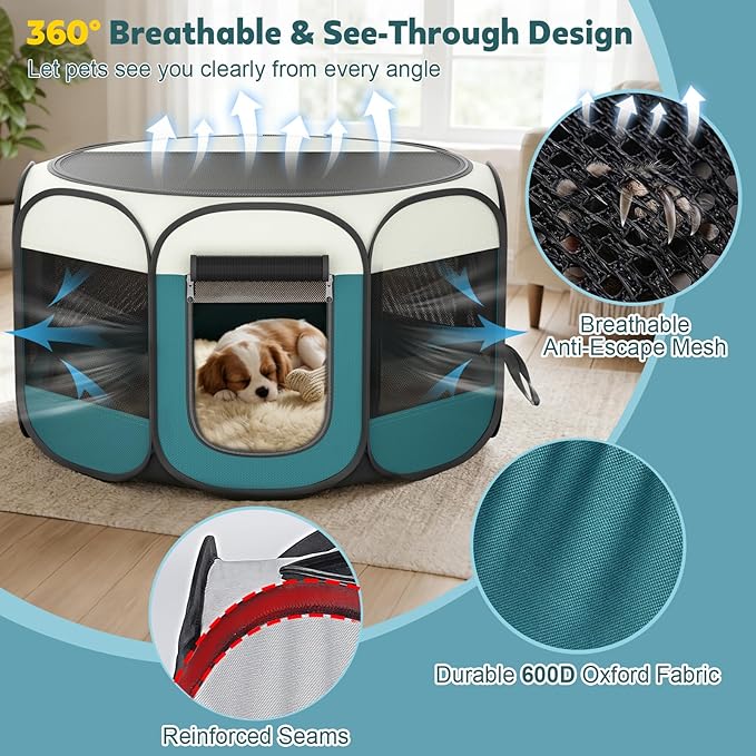 Portable Pet Playpen for Cat Dog - Foldable Medium Pet Play Pen with Removable Zipper Top for Cat Small Dog Enclosed - Pop Up Puppy Kitten Kennel with Carrying Case for Indoor Outdoor Travel Camping