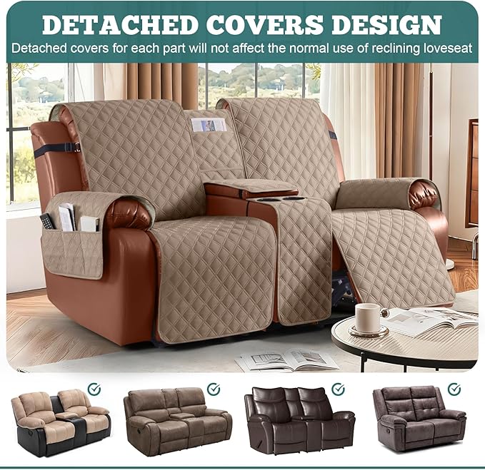 Ruaozz Waterproof Loveseat Recliner Cover with Console Non-Slip Reclining Couch Covers Split Sofa Slipcovers with Elastic Straps Furniture Protector for Kids, Dogs, Pets (Light Brown, 2 Seater)