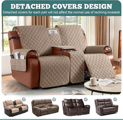 Ruaozz Waterproof Loveseat Recliner Cover with Console Non-Slip Reclining Couch Covers Split Sofa Slipcovers with Elastic Straps Furniture Protector for Kids, Dogs, Pets (Light Brown, 2 Seater)
