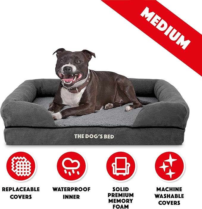 The Dog’s Bed Orthopedic Memory Foam Dog Bed with Bolsters for Medium Dogs, Waterproof Washable Cover, Anti-Slip Base, Calming Surface – CertiPUR-Certified Foam, Plush Fabric, Grey Plush, Medium