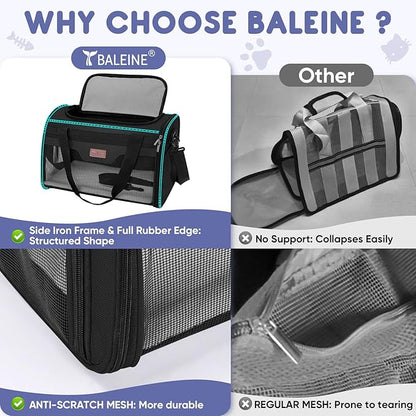 BALEINE Cat Carrier, Puppy Dog Carrier for Small Medium Pets Up to 15 Lbs, Soft-Sided Dog Travel Bag with Safety Zippers, Collapsible Pet Carrying Case (Black, L, 17"x11"x11")