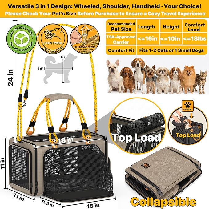 PAWZIDEA Expandable Pet Carrier TSA Airline Approved, 18″×11″×11″ Soft-Sided Top-Load Carriers for Small Dog & 2 Cats Under Seat, Collapsible Puppy & Animal Travel Bag Up to 18lbs, ID Card, Chew-Proof