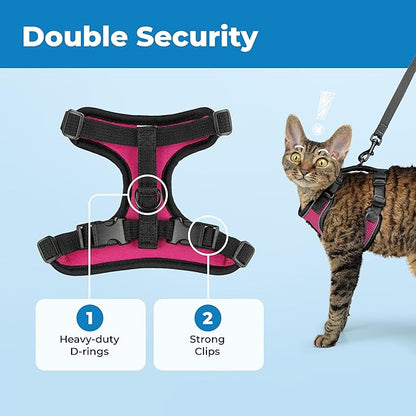 Voyager Escape-Proof Step-in Lock Cat Harness & 5ft Neoprene-Handle Leash Set All-Weather Mesh with Reflective Stitching for Small to Large Cats by Best Pet Supplies, Black Trim-Fuchsia (327), XXS