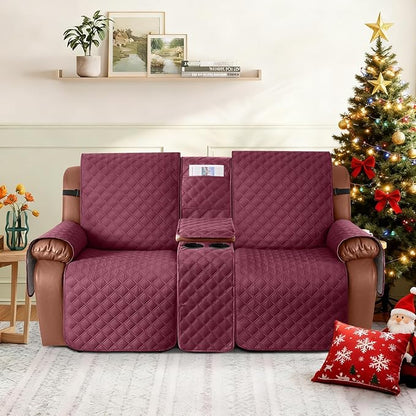 Ruaozz Waterproof Loveseat Recliner Cover with Console Non-Slip Reclining Couch Covers Split Sofa Slipcovers with Elastic Straps Furniture Protector for Kids, Dogs, Pets (Wine, 2 Seater)