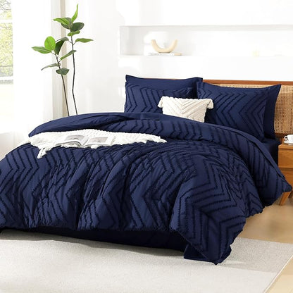 Litanika California King Size Comforter Set with Sheets Navy Blue - 7 Pieces Bed in a Bag Cal King Chevron Tufted Complete Bedding Sets with Comforter, Sheets, Pillowcases & Shams