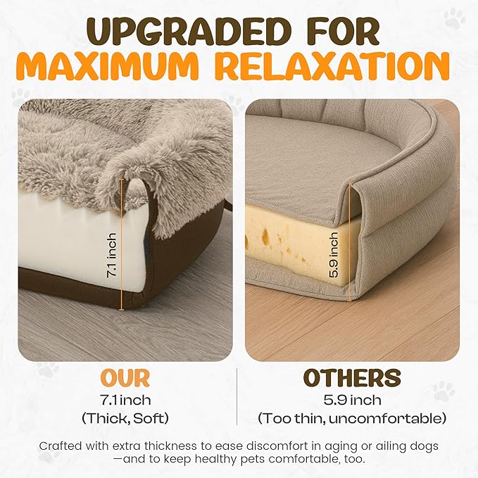 Fluffy Orthopedic Dog Bed for Medium & Large Dogs, Calming Plush Sofa Bed with Curved Bolster Support and Egg-Crate Foam Base, 43" Cozy Oval Pet Donut Bed with Washable Cover, Coffee