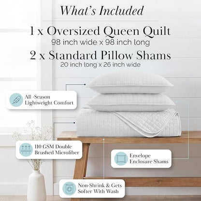 Southshore Fine Living, Inc. White Queen Quilt Bedding Set, Dual Fit Luxury Bedding Quilts, Queen Size Bedspread Coverlet, Full Size Quilted Comforter Bed Spread w/Pillow Shams, White Quilts
