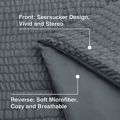 Love's cabin Seersucker Charcoal Grey Queen Comforter Set, 7-Piece All Season Lightweight Bed in a Bag Bedding Set with Comforter, Flat Sheet, Fitted Sheet, Pillowcases and Shams | Soft, Breathable, Lightweight