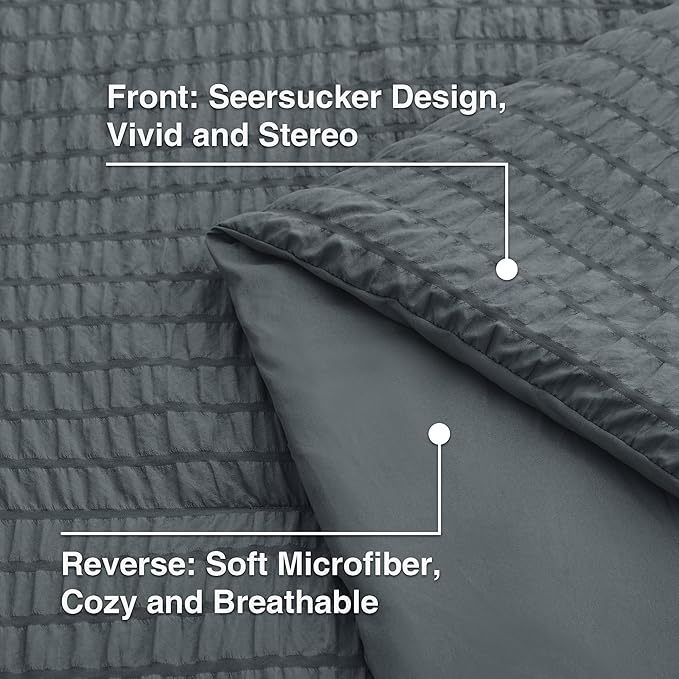 Love's cabin Seersucker Charcoal Grey Full Comforter Set, 7-Piece All Season Lightweight Bed in a Bag Bedding Set with Comforter, Flat Sheet, Fitted Sheet, Pillowcases and Shams | Soft, Breathable, Lightweight