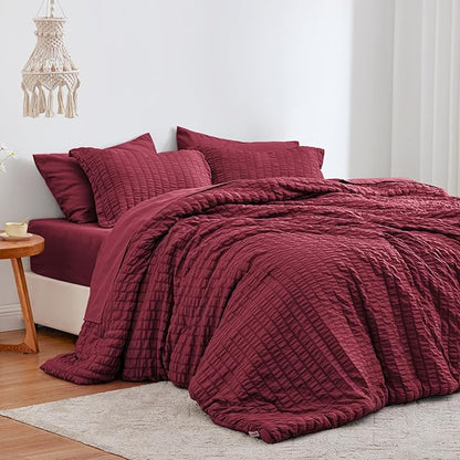 Love's cabin Seersucker Burgundy Full Comforter Set, 7-Piece All Season Lightweight Bed in a Bag Bedding Set with Comforter, Flat Sheet, Fitted Sheet, Pillowcases and Shams | Soft, Breathable, Lightweight