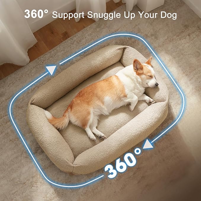 FURTIME Washable Dog Bed Medium Large Size Dogs, Rectangle Comfy Fluffy Pet Bed, Removable Zipper Cover Machine Wash, Soft Orthopedic Bed Durable Pet Cuddler with Anti-Slip Bottom,30"x24"x8",Beige