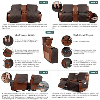 Ruaozz Waterproof Loveseat Recliner Cover with Console Non-Slip Reclining Couch Covers Split Sofa Slipcovers with Elastic Straps for Kids, Dogs, Pets (Chocolate, 2 Seater)