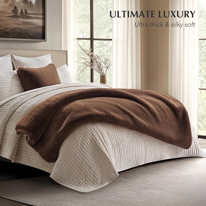 EVERGRACEHOME Luxury Soft Faux Chinchilla Fur Throw Blanket for Couch, Warm Thick Heavy Winter Throw Blanket 1220GSM for Bed, Fluffy Cozy Mink Blanket with Reversible Velvet, Chestnut Mink, 50"x60"