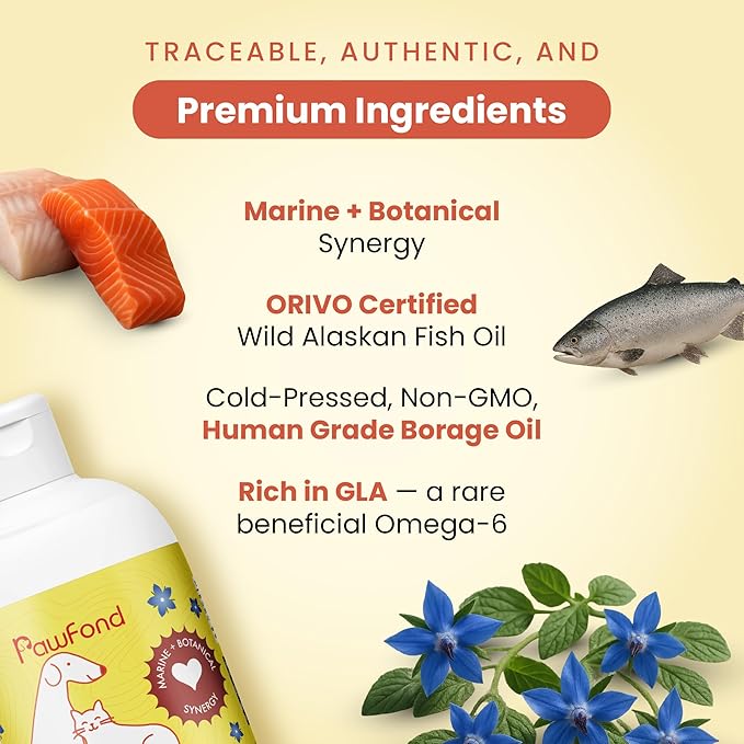 Wild Alaskan Pollock & Salmon Oil for Dogs & Cats - Omega 3 EPA DHA Fish Oil with Borage Oil GLA 22% - Anti-Itch, Skin & Coat Supplement, Joint Support, Allergy Relief -100% Natural - 8oz Pump