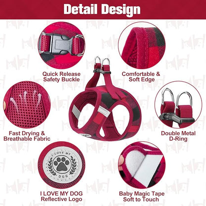 BEAUTYZOO Small Dog Harness and Leash Set,Step in No Choke No Pull Soft Mesh Dog Harnesses Reflective for Extra-Small/Small Medium Puppy Dogs and Cats, Plaid Dog Vest Harness for XS S Pets, Red, XXS