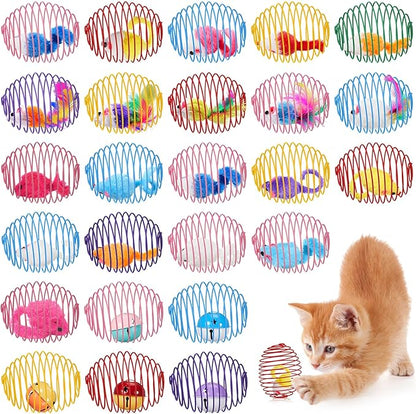 Jecery 25 Pcs Cat Spring Balls Toys Stretchable Rolling Balls Colorful Playful Coils Interactive Action Toy Caged Rats for Kitten Pet Supplies (Mouse and Bell,Colorful)