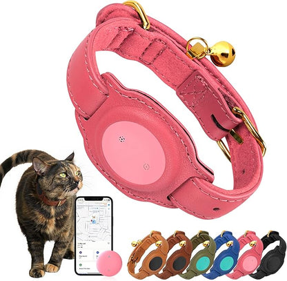 Cat Tracker, GPS Pet Tracker for Cats (Only iOS), Leather Cat Collar with Tracker, Works with Any Collar, No Monthly Fee, Compatible with Apple Find My App not for Android (Pink)