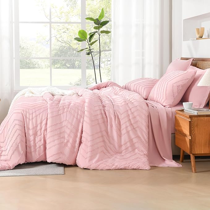 Litanika Pink Full Size Comforter Set with Sheets - 7 Pieces Bed in a Bag Full Boho Tufted Complete Bedding Sets with Comforter, Sheets, Pillowcases & Shams