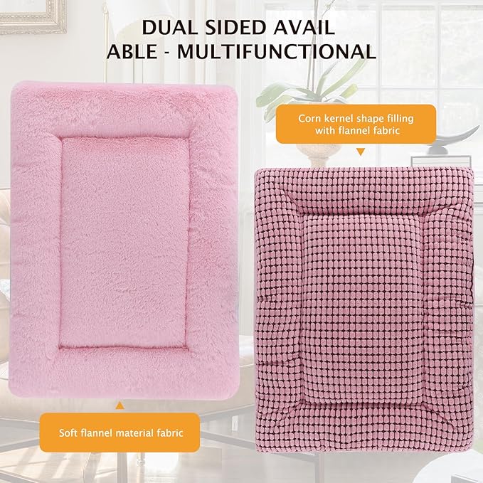 Reversible Dog Bed Mat with Plush and Corn Velvet,Soft Warm Pet Cushion, Dual Purpose Washable Sleeping Mattress Bed for Small Medium Large Dog and Cat XB004 (30"x20", Pink)