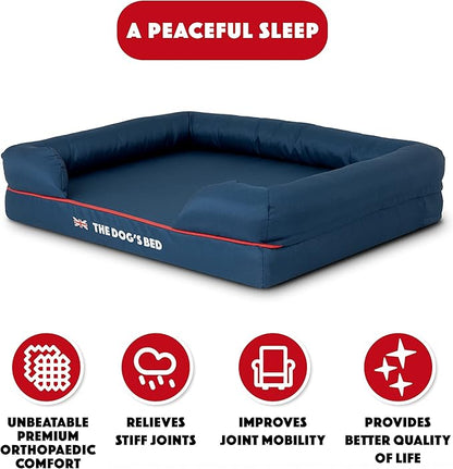 The Dog’s Bed Orthopedic Memory Foam Dog Bed with Bolsters for Medium Dogs, High Density Support Mattress, Low Front Entry, Removable Washable Cover, Oxford Fabric, Blue with Dark Red Trim, Medium