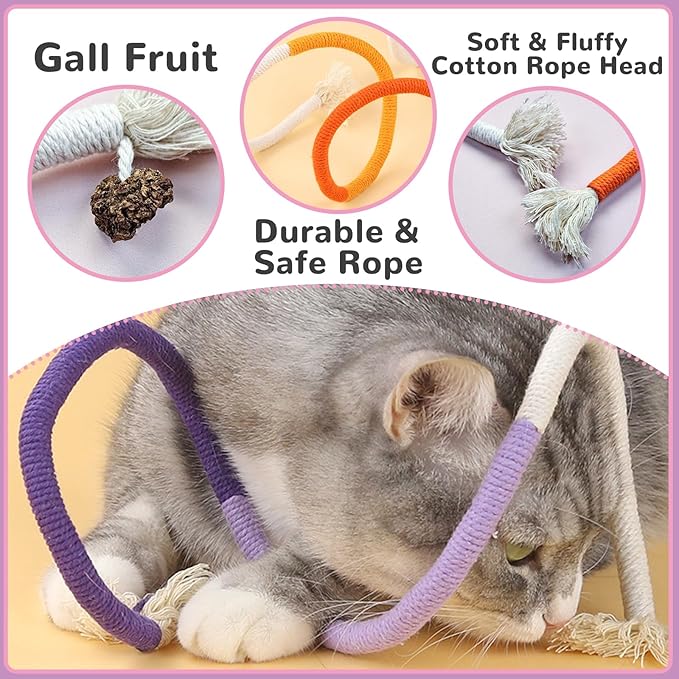 Andiker Cotton Rope Toys, 27.55Inches Color Blocking Cotton Rope Toys, Safe Cat Toys Teething Chew for Boredom and Stimulating (Deep Purple+Purple+Beige)