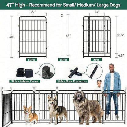 Dog Playpen Outdoor 16 Panels 47'' Rustproof Metal Dog Fence with Gate Small Medium Portable Large Dog Play Pen 36FT 141 Sq.ft for RV Camping, Trips, Play Yard