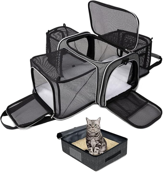 BAGLHER Expandable Cat Carrier with Travel Litter Box, Pet Travel 5 Sides Open Doors 3 Sides, Leak-Proof and Collapsible, for Car, Airplane Trip, Grey