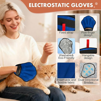Pet Hair Removal Glove, Electrostatic Pet Hair Remover Glove for Cats & Dogs, Hair Remover Tools for Couch, Carpet, Clothing, Car Seat - Upgraded Five-Finger, Reusable, DarkBlue+Darkgrey