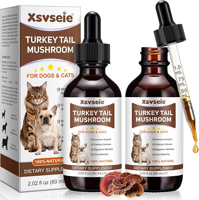 Turkey Tail Mushroom Drops for Dogs & Cats 120ml – 5 Mushroom Complex with Reishi, Maitake, Shiitake & Chaga – Immune Support, Digestive & Joint Health –Liquid Pet Supplement with Turmeric & Probiotic